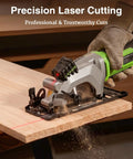 TaskStar 4-1/2 Inch Mini Circular Saw Laser Guide 4.8A Motor cutting wood with precision laser line and blade guard.