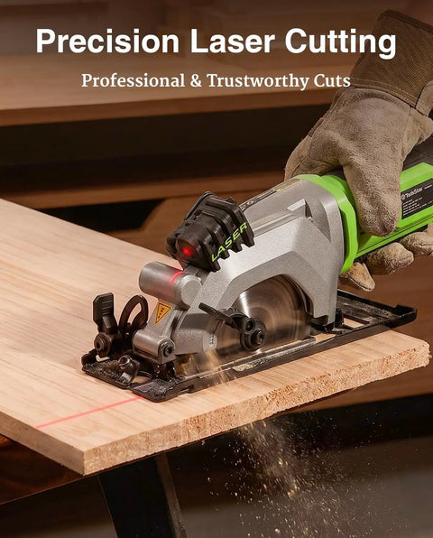 TaskStar 4-1/2 Inch Mini Circular Saw Laser Guide 4.8A Motor cutting wood with precision laser line and blade guard.