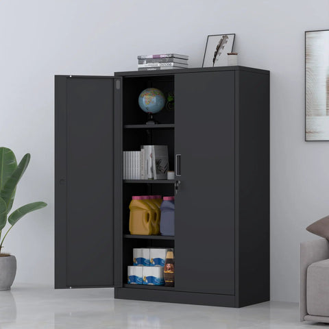 Badass Metal Storage Cabinet With Locking Doors And Three Adjustable Shelves 53 Inch Tall Lockable Steel Cupboard For Garage Home Office Or Pantry Use Black Finish Built Different