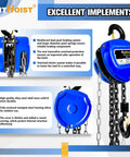 1 Ton Hand Chain Hoist With 20 Ft Chain In G80 Manganese Steel, dual hooks, side view showing FitHoist branding and chain mechanism