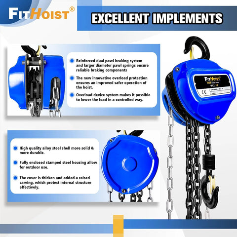1 Ton Hand Chain Hoist With 20 Ft Chain In G80 Manganese Steel, dual hooks, side view showing FitHoist branding and chain mechanism