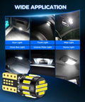 Wide application of 194 LED Bulb for license plate light pack of 10 showing use in door, trunk, map, dome, and glove box lights