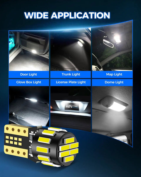 Wide application of 194 LED Bulb for license plate light pack of 10 showing use in door, trunk, map, dome, and glove box lights