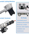 Heavy Duty Pneumatic Steel Strapping Tool And Metal Banding Machine Air Powered Tensioner Cutter Sealer components with air pump detail.
