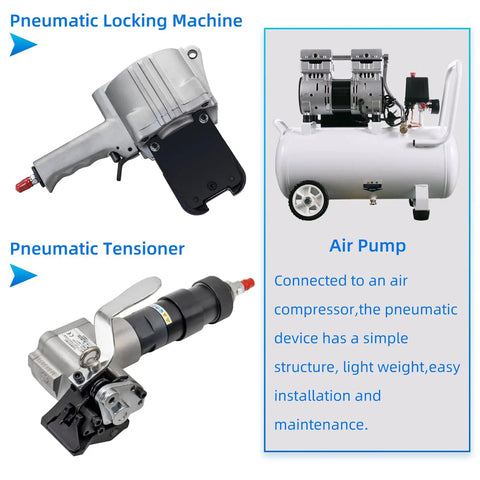 Heavy Duty Pneumatic Steel Strapping Tool And Metal Banding Machine Air Powered Tensioner Cutter Sealer components with air pump detail.