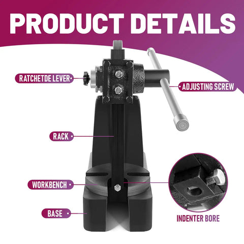 Pro Grade 3 Ton Manual Arbor Press Desktop Punch Press Machine For Stamping Riveting And Sheetmetal Shaping with lever and adjusting screw details.