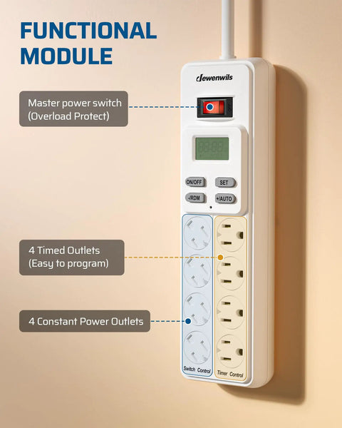 Wall-mounted 8-Outlet Power Strip With Timer And Auto On Off For Reptile Lighting, 4 Timed Outlets Plus 4 Always On