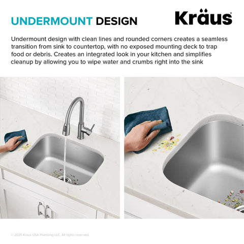 Undermount 15 Inch 18 Gauge Stainless Steel Kitchen Bar Sink With Noise Defend Soundproofing And Built To Last Commercial Grade Satin Finish under white countertop shown with cleaning cloth.