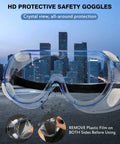Anti Fog Safety Goggles With Crystal Clear Polycarbonate Lenses ANSI Z87.1 Compliant Two Pack Protective Lab Goggles displayed with cityscape.
