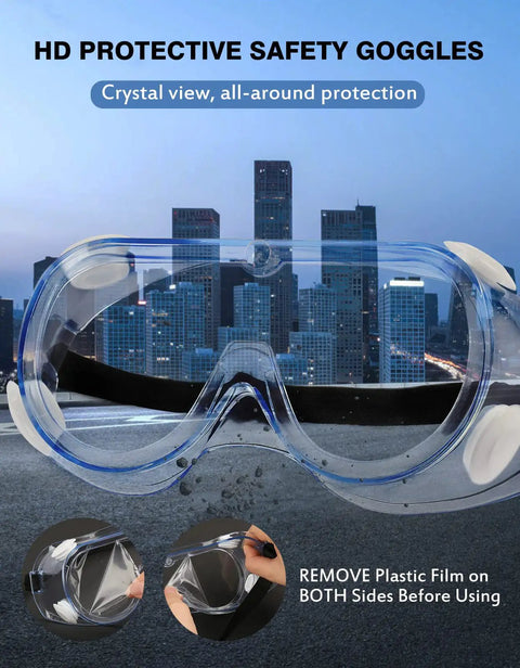 Anti Fog Safety Goggles With Crystal Clear Polycarbonate Lenses ANSI Z87.1 Compliant Two Pack Protective Lab Goggles displayed with cityscape.
