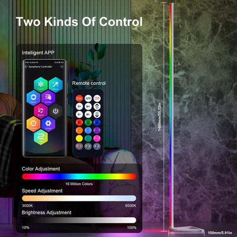 Smart RGB Corner Floor Lamp With App And Remote, 16 Million Colors, 68 Scene Modes, Music Sync, image of app and remote control