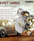 34 Pict-3 Dual Port Carburetor for 1600cc VW Beetles and Buses, shown with fitment details and compatibility list