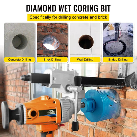 Diamond Dry Core Drill Bit Kit With Pilot Bit And 4.5 Inch Blade drilling into brick wall.