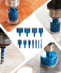 Premium Diamond Hole Saw Kit With Brazed Serrated Teeth, various size drill bits shown cutting tile and stone.