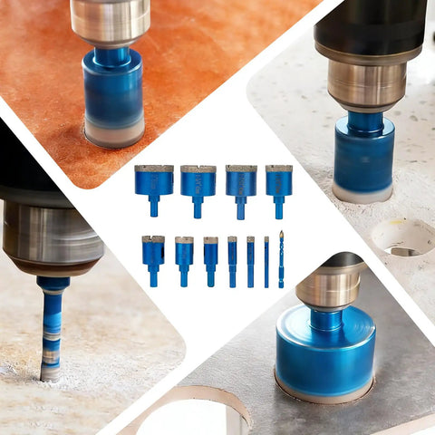 Premium Diamond Hole Saw Kit With Brazed Serrated Teeth, various size drill bits shown cutting tile and stone.