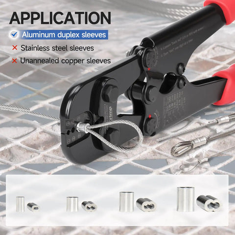Heavy Duty Wire Rope Crimping Tool With Built In Wire Cutter Four Die Slots From Three Sixty Fourth To One Eighth Inch Pro Grade High Carbon Steel Swaging Tool For Marine Rigging Clotheslines Awnings Railings And Cable Projects shown in use with cable and sleeves