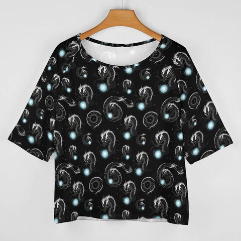 Comfy Loose Fit Womens Short Sleeve Boat Neck Tee Casual Blouse Soft Breathable Polyester Spandex Top With Galaxy Dragon Space Print On Black