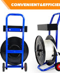 Heavy Duty Strapping Dispenser Cart For 8x8 Steel And Poly Strapping Coils, Durable Steel Construction With Spacious Tray For Strapping Tool, Seals, And Gloves, Keeps Coils From Unwinding On Oscillating Coils, front and side view