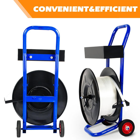 Heavy Duty Strapping Dispenser Cart For 8x8 Steel And Poly Strapping Coils, Durable Steel Construction With Spacious Tray For Strapping Tool, Seals, And Gloves, Keeps Coils From Unwinding On Oscillating Coils, front and side view