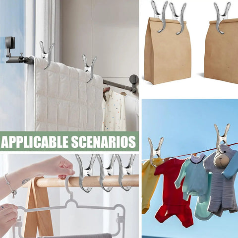 Heavy Duty 12 Pack Pool Cover Clips 4.72 Inch Stainless Steel Spring Clamps Windproof for Above Ground Pool Covers Towel Holder Beach Chair Accessory shown in various uses including securing towels, bags, and clothing
