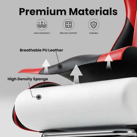 Side view of ergonomic gaming chair with footrest and lumbar support, showcasing breathable PU leather, red and black color.