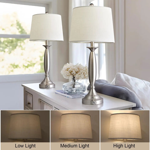 Three Way Dimmable Touch USB Table Lamps Set Of 2, 28 Inch modern industrial silver lamps with linen shades in living room