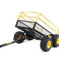 Beefy Heavy Duty Utility Trailer With Tandem Walking Arm For Rough Terrain Military Grade Steel Mesh Cargo Basket Rust Resistant 92 By 51 By 36 Inches Stable On Rocks And Ruts Easy 10 Minute Assembly, showing side angle with yellow frame and black mesh.