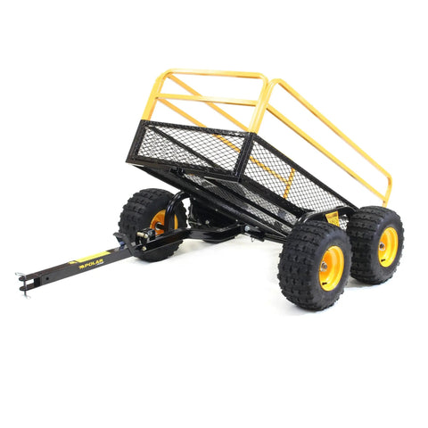 Beefy Heavy Duty Utility Trailer With Tandem Walking Arm For Rough Terrain Military Grade Steel Mesh Cargo Basket Rust Resistant 92 By 51 By 36 Inches Stable On Rocks And Ruts Easy 10 Minute Assembly, showing side angle with yellow frame and black mesh.