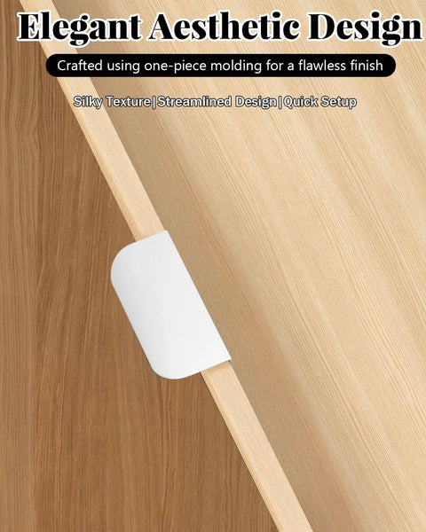 6 Pack Adhesive Edge Pulls for Cabinets and Drawers, Self Adhesive Finger Pulls for Cabinets in matte white, close-up view on wood surface.