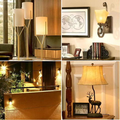 Collage of modern home lighting featuring standing lamps, wall sconce, outdoor lighting, and a table lamp with a deer figure.