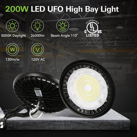200W UFO LED High Bay Light With 26,000 Lm Output And 5000K Daylight, Wet Location IP65 Warehouse Fixture, 120V, 2 pack display