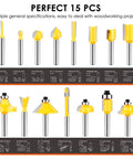 One Quarter Inch Shank Router Bits Set, 15 Piece Tungsten Carbide Woodworking Kit For Clean, Precise Cuts displayed in set