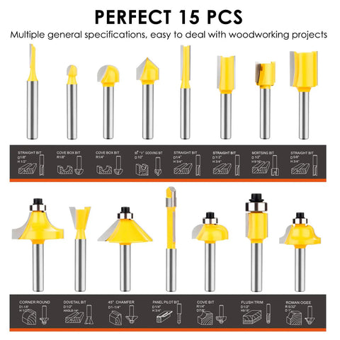 One Quarter Inch Shank Router Bits Set, 15 Piece Tungsten Carbide Woodworking Kit For Clean, Precise Cuts displayed in set