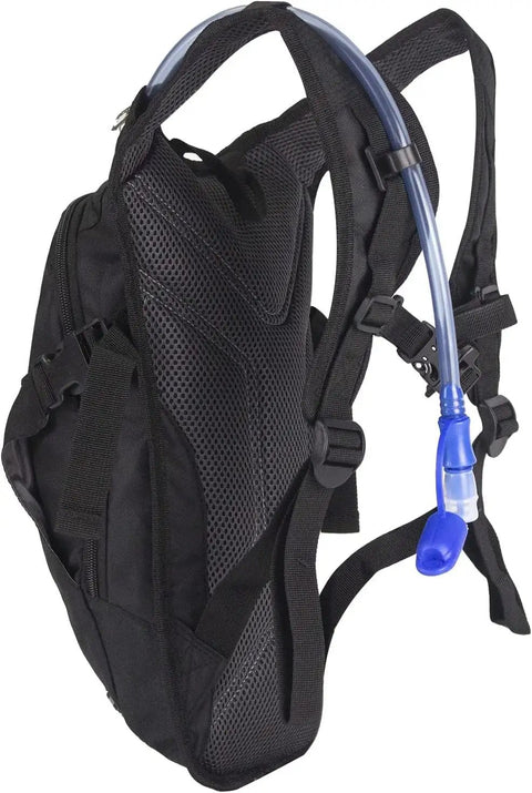 Ultra Lightweight Hydration Backpack With 2L Water Bladder For Cycling, Running, Biking, And Hiking, Waterproof Oxford Fabric, Durable Day Pack, Slim Fit Design For Outdoor Adventures, Black back view showing mesh padding and tube