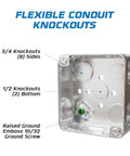 4 Inch Drawn Steel Electrical Box Set With 2 1/8 Inch Depth And 1/2 And 3/4 Inch Knockouts, 33 Cubic Inch Capacity, Galvanized Steel Construction, UL Listed showing knockouts diagram
