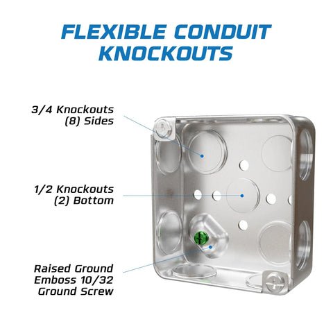 4 Inch Drawn Steel Electrical Box Set With 2 1/8 Inch Depth And 1/2 And 3/4 Inch Knockouts, 33 Cubic Inch Capacity, Galvanized Steel Construction, UL Listed showing knockouts diagram