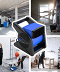 Collage showing 15 Inch Pivoting Blower Fan With 375 CFM Airflow Portable Floor And Carpet Dryer in various workspaces