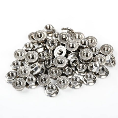 Pile of Hardworking M10 X 1.5mm Serrated Hex Flange Lock Nuts in 304 Stainless Steel with Bright Finish for DIY Projects