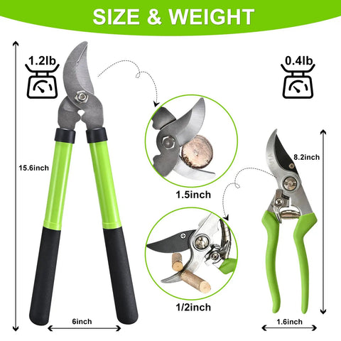 Two In One Garden Pruning Kit With Lopper And Shears Heavy Duty 1.5 Inch Branch Cutter And 0.5 Inch Precision Snips with size guide