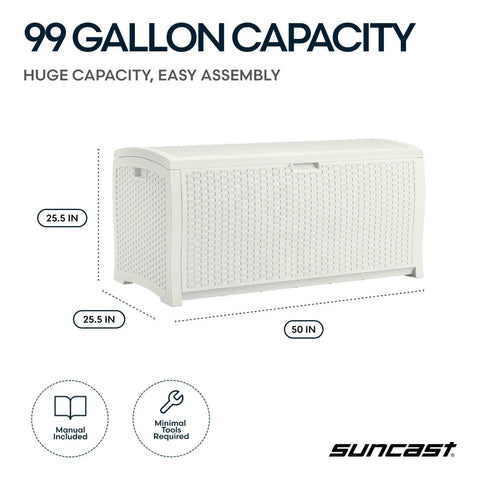 99 Gallon Outdoor Deck Box With Hinged Lid White All Weather Resin Storage For Patio Yard And Garage Large Organizer For Cushions Tools Gear Made In USA