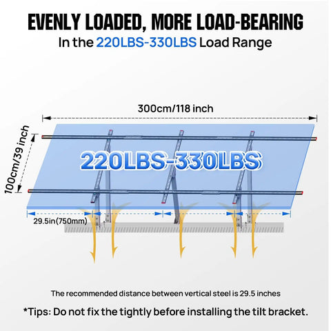 Diagram of Heavy Duty Adjustable Ground Mount Bracket Kit for solar panels showing dimensions and load range 220LBS-330LBS.