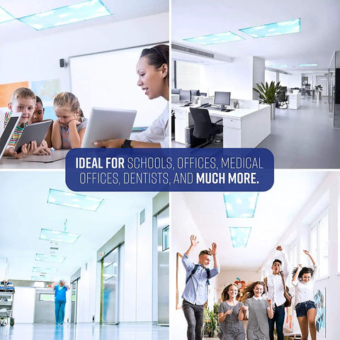 Magnetic Fluorescent Light Covers For Ceiling Lights 5 Pack Sky Blue Cloud Filters in various office and school settings
