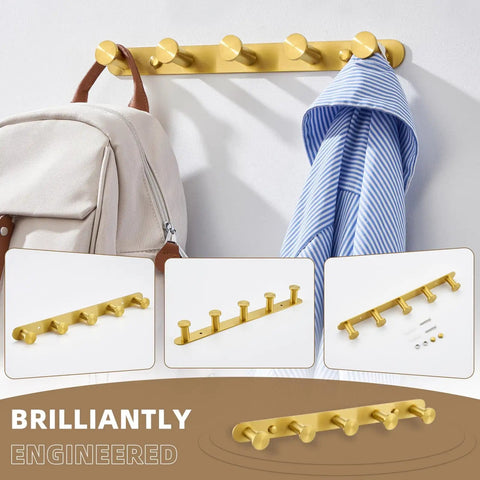 Five Hook Towel Rack in Brushed Dark Gold Stainless Steel mounted on wall with towels and bag hanging, SUS304 bathroom organizer