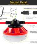 Close-up of 100 Foot LED Construction String Lights With Ten High Lumen Bulbs, showing metal carabiner and industrial grade housing.