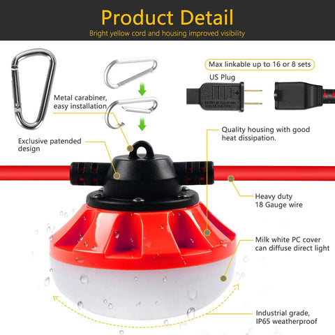 Close-up of 100 Foot LED Construction String Lights With Ten High Lumen Bulbs, showing metal carabiner and industrial grade housing.