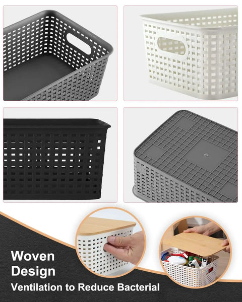 Top Tier Stackable Storage Bins With Bamboo Lids Set Of Six Heavy Duty Bpa Free Plastic Baskets. Assorted colors and woven design.