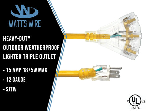 2 Ft Outdoor Extension Cord Waterproof Heavy Duty 12 Gauge with Multiple Outlets Lighted Grounded
