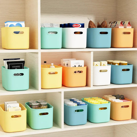 10 Pack Colorful Plastic Storage Bins With Handles For Shelves Or Cabinets Durable Organizer Boxes with various items