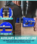 Self Centering Doweling Jig Kit For Straight Holes With Six Drill Guide Bushings Pro Grade Biscuit Joiner Tool Adjustable Width Drilling Guide Durable Aircraft Grade Aluminum Easy Setup For Precise Woodworking Blue in use on wood plank