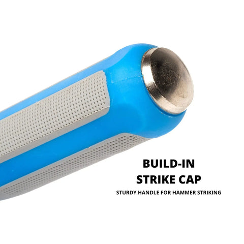 Three Piece Pry Bar Set With Angled Tips, textured TPR handle close-up with striking cap, part of heavy duty crow bars set.